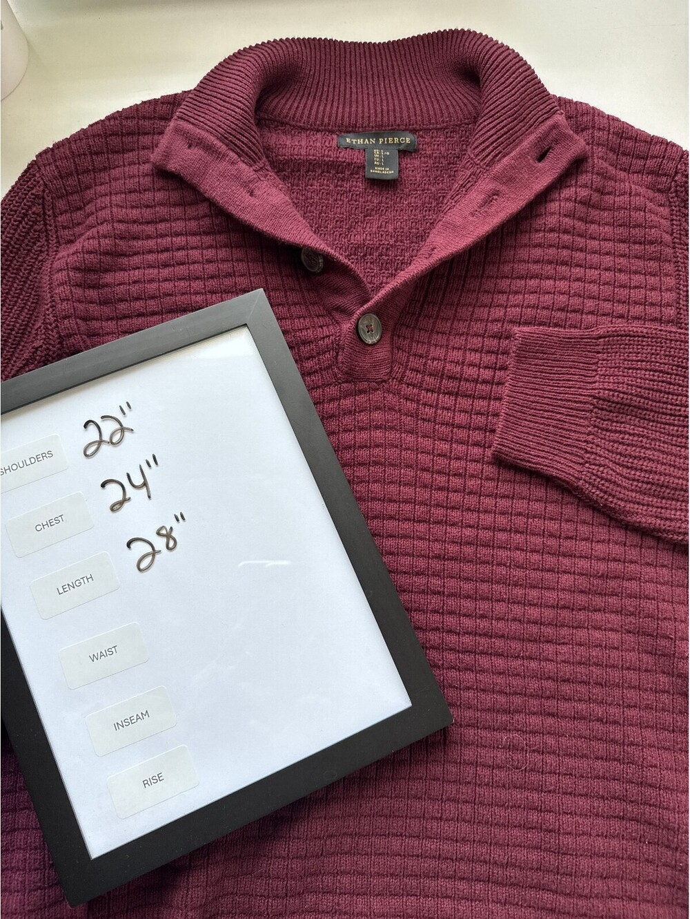 Burgundy Waffle Knit Button Mock Neck Cotton Sweater Old Money Preppy Mens L - Picture 8 of 9